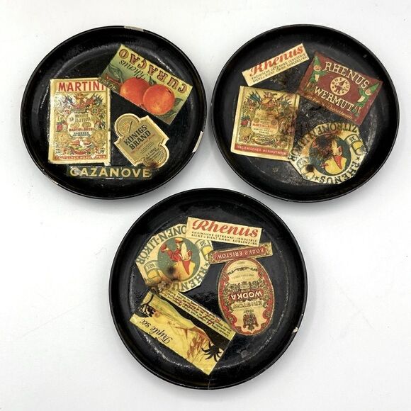 MidCentury W German Alcohol Label Decoupage Enameled Champagne Bucket & Coasters - Picture 4 of 16